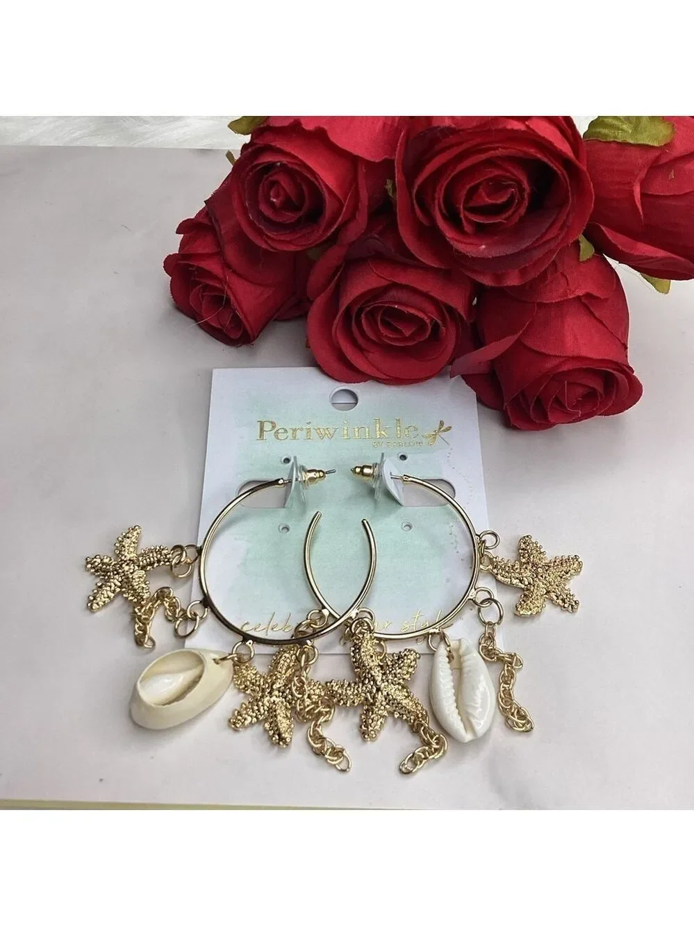 NEW PERIWINKLE BY BARLOW GOLD HOOP EARRINGS COASTAL BEACH‎ VACATION STARS SHELLS